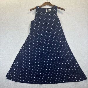 Anne Klein Dress Navy and White Polka Dot Pullover Sleeveless Flowy Shift Size 4
